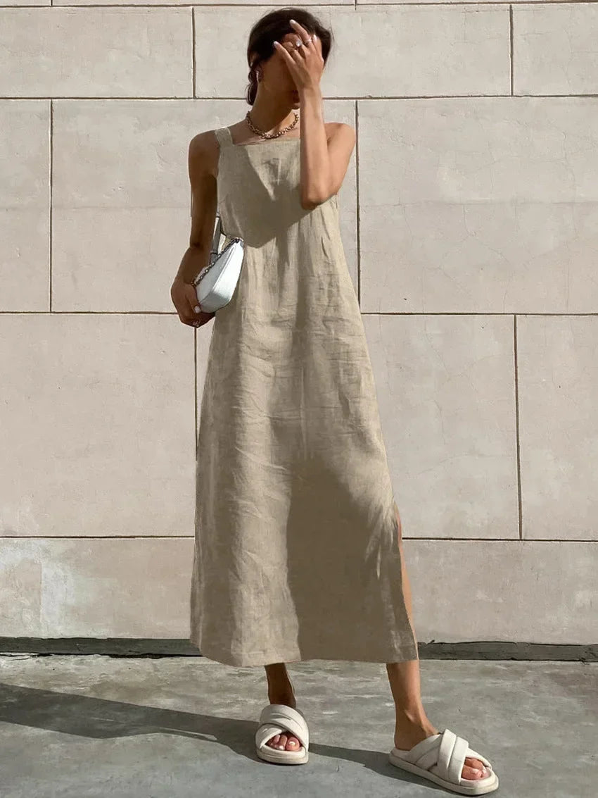 Robe Midi Femme Évasée Sans Manches Fente Estivale 1 Coloris | ROBEMODE