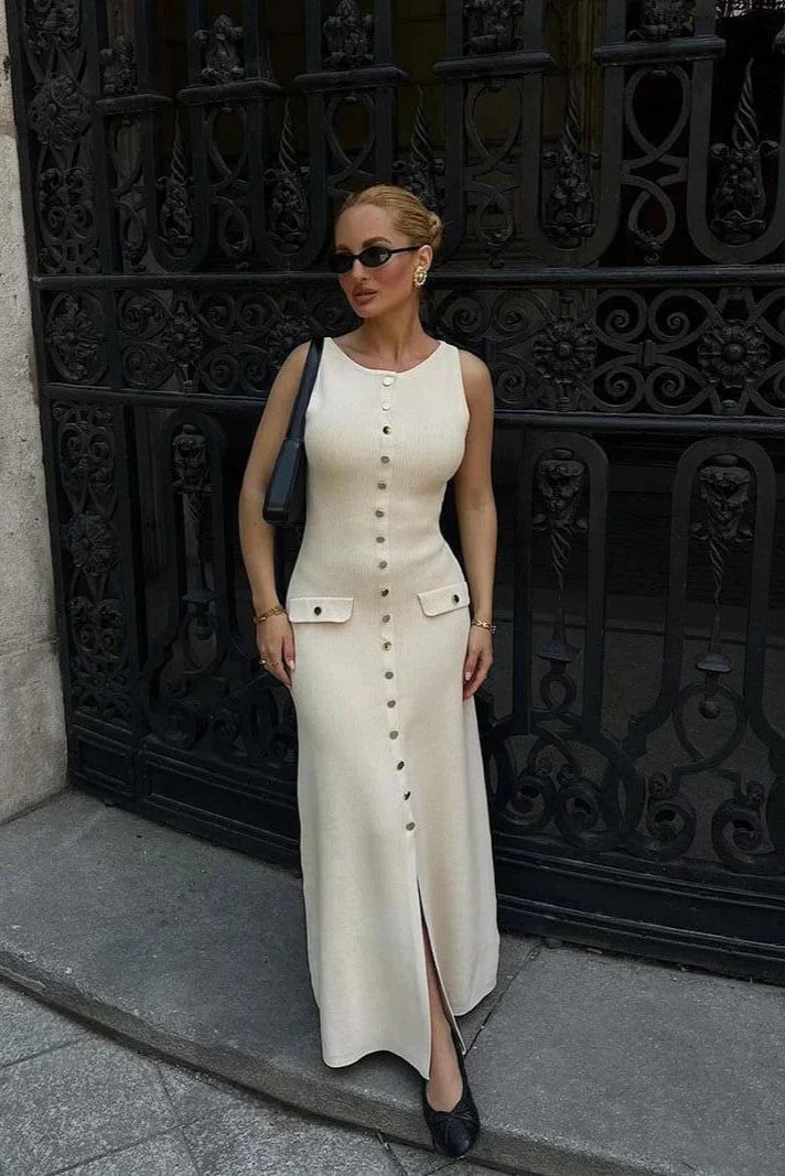 Robe midi boutonnée sans manches avec tissu côtelé