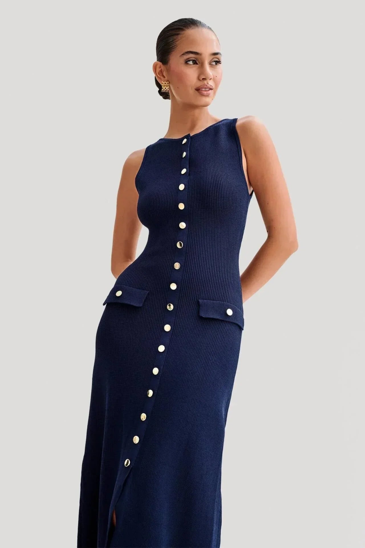 Robe Midi Côtelée Femme Boutonnée Sans Manches Poches | ROBEMODE
