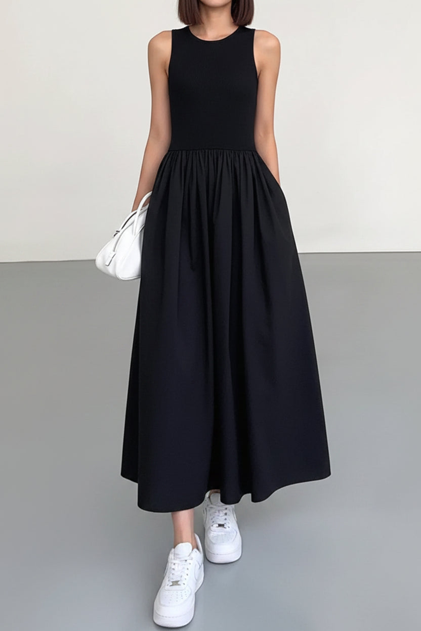 Robe Midi Sans Manches Jupe Froncée Poches 3 Coloris | ROBEMODE