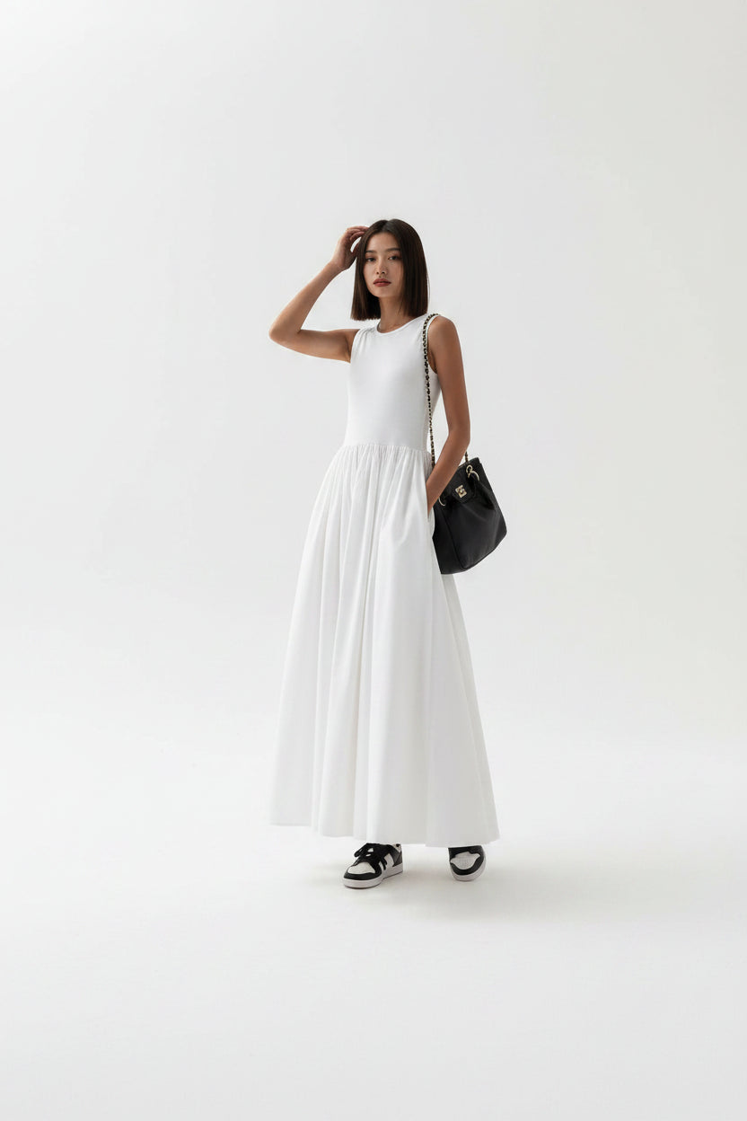 Robe Midi Sans Manches Jupe Froncée Poches 3 Coloris | ROBEMODE