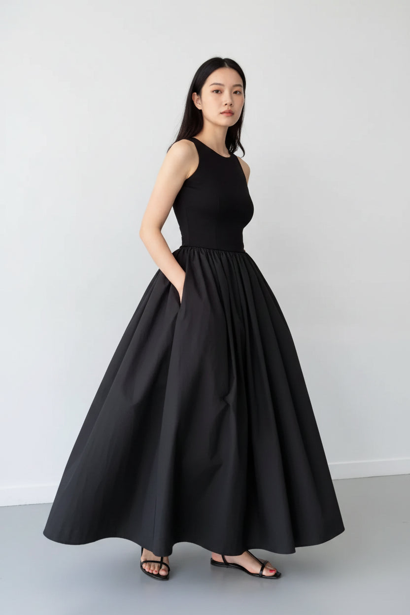 Robe Midi Sans Manches Jupe Froncée Poches 3 Coloris | ROBEMODE