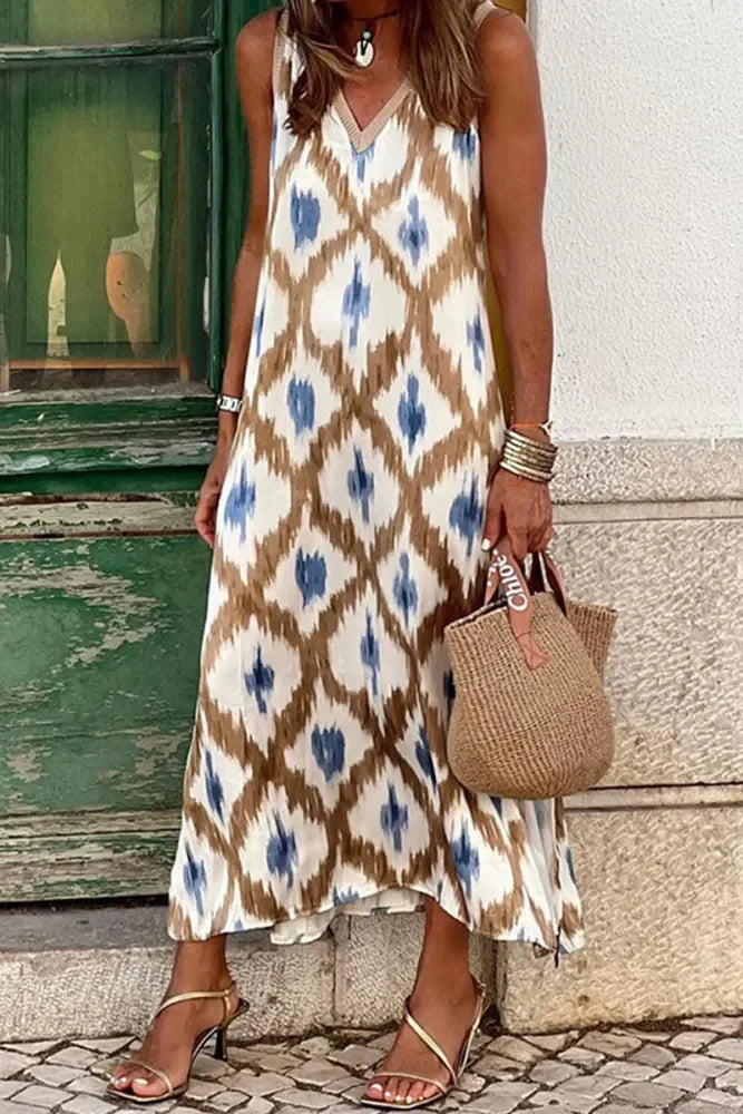 Robe midi femme imprimé marron bleu col V sans manches | ROBEMODE