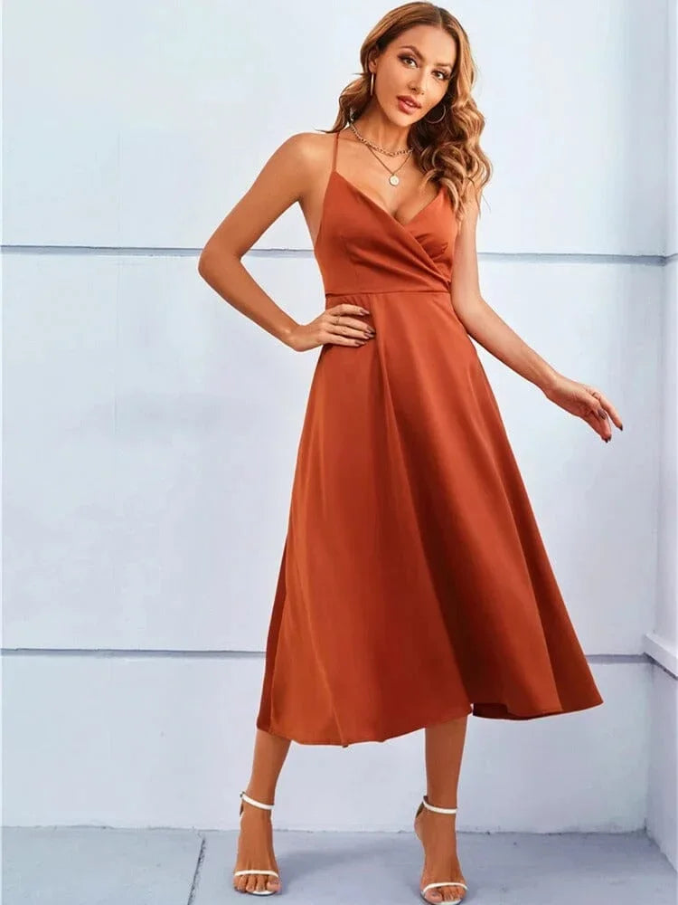 Robe Midi Satinée Col V Bretelles Ajustables Soirée 1 Coloris | ROBEMODE