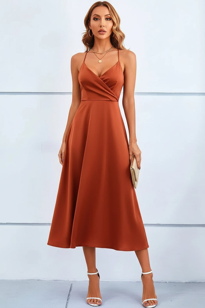Robe Midi Satinée Col V Bretelles Ajustables Soirée 1 Coloris | ROBEMODE