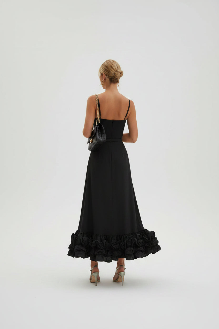 Robe Midi Femme Volants Bretelles Fines 2 Coloris | ROBEMODE
