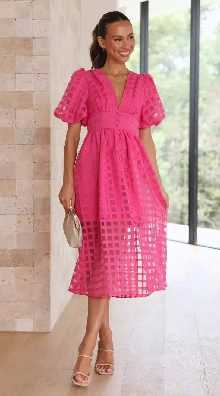 Robe Midi Ajourée Manches Courtes Col V 2 Coloris | ROBEMODE