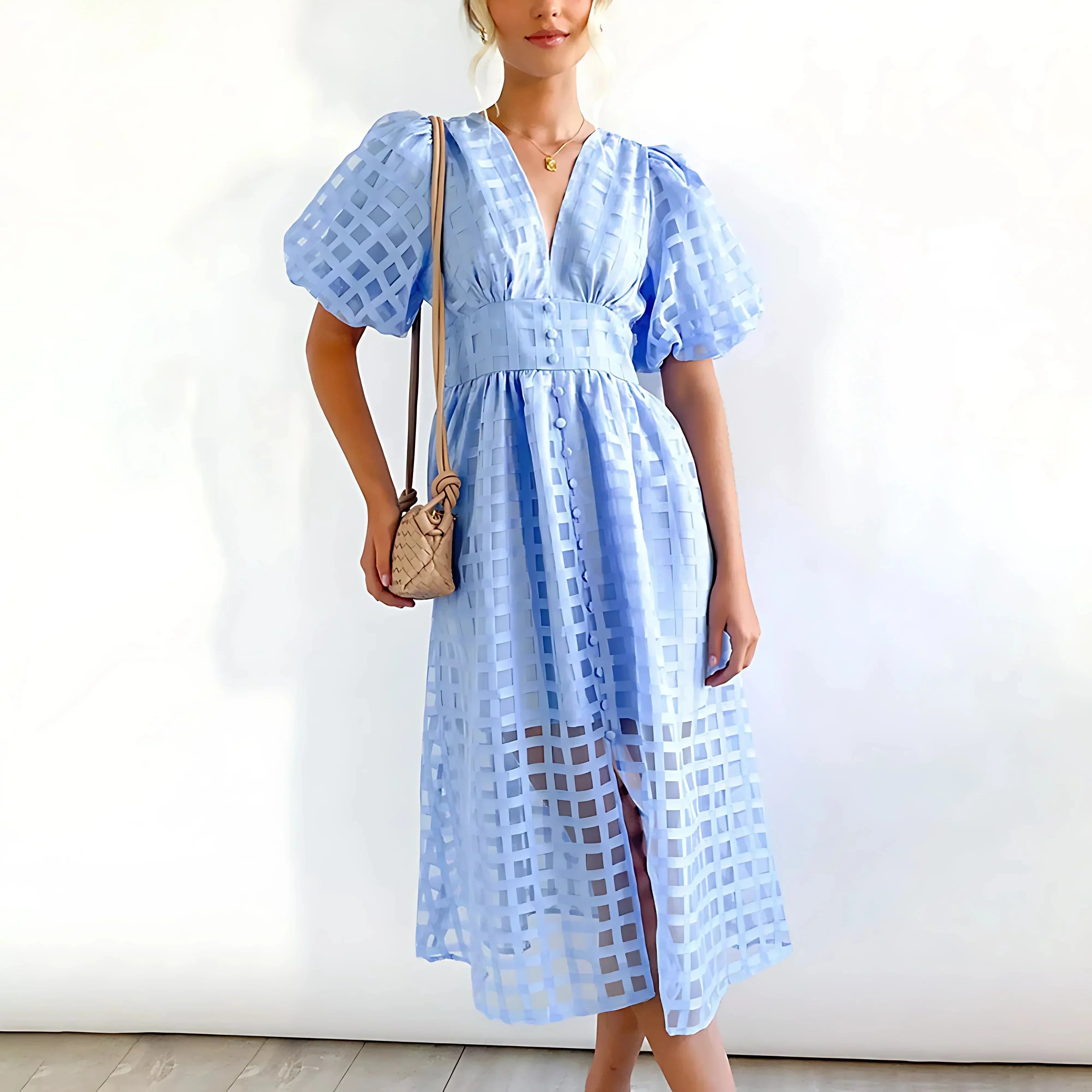 Robe Midi Ajourée Manches Courtes Col V 2 Coloris | ROBEMODE