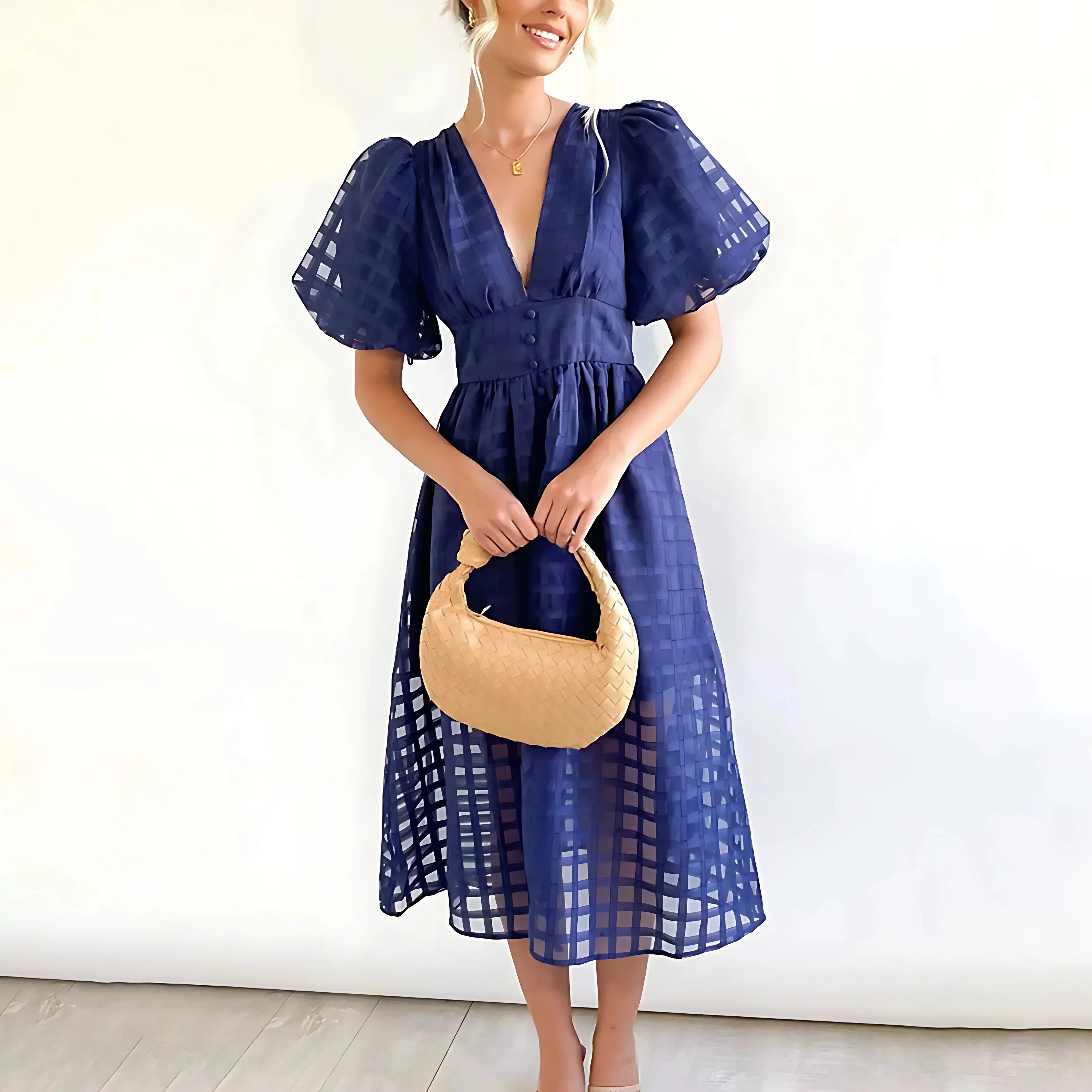 Robe Midi Ajourée Manches Courtes Col V 2 Coloris | ROBEMODE