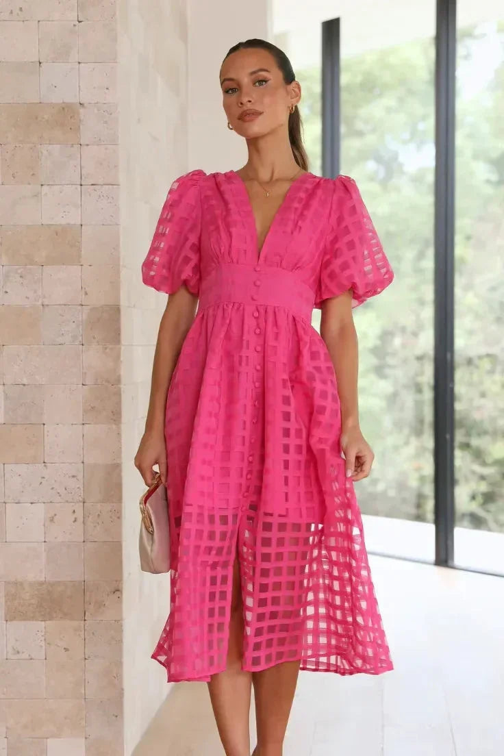 Robe Midi Ajourée Manches Courtes Col V 2 Coloris | ROBEMODE
