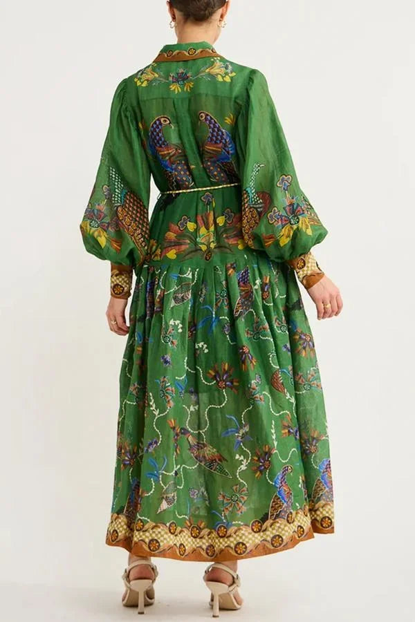 Robe Midi Verte Imprimé Oiseaux Manches Longues Col Chemise | ROBEMODE