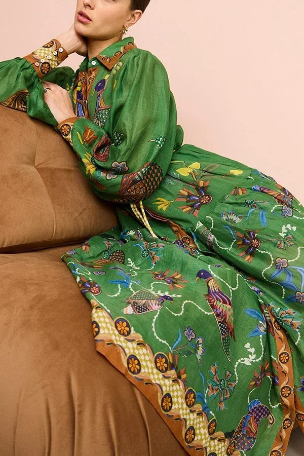 Robe Midi Verte Imprimé Oiseaux Manches Longues Col Chemise | ROBEMODE