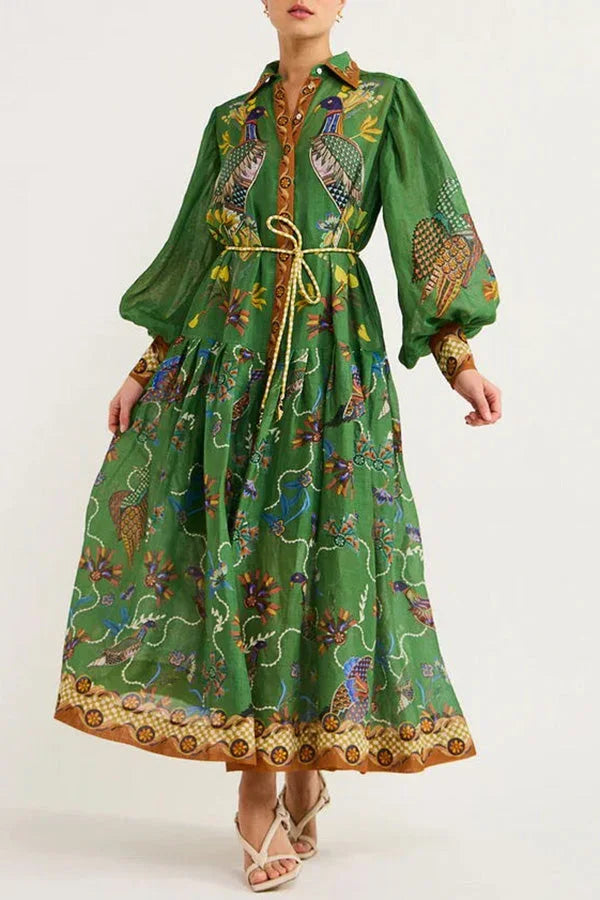Robe Midi Verte Imprimé Oiseaux Manches Longues Col Chemise | ROBEMODE