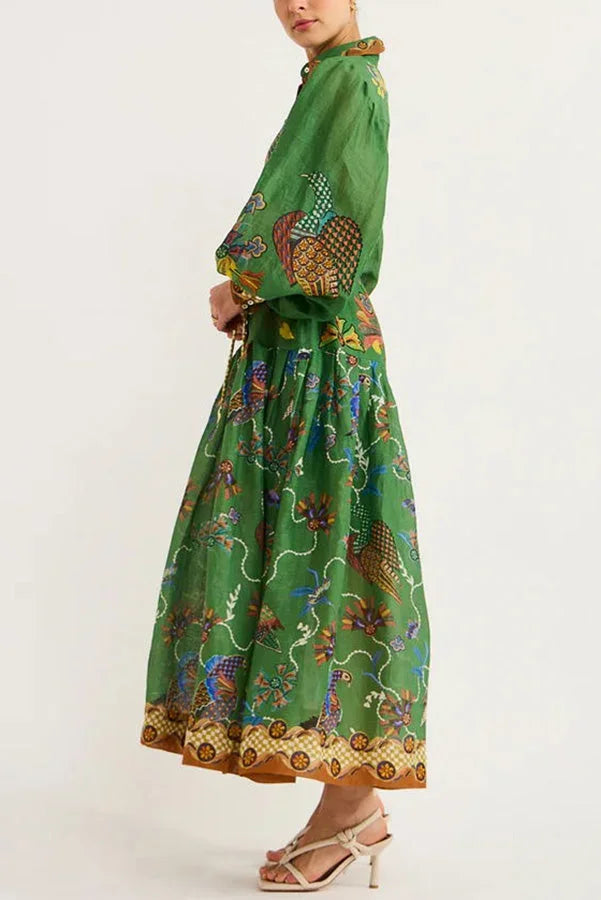 Robe Midi Verte Imprimé Oiseaux Manches Longues Col Chemise | ROBEMODE
