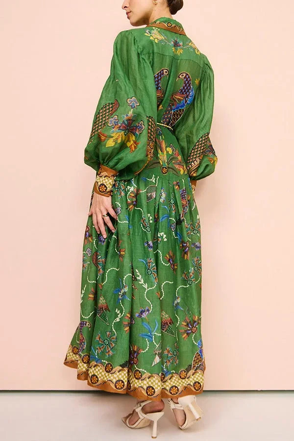 Robe Midi Verte Imprimé Oiseaux Manches Longues Col Chemise | ROBEMODE