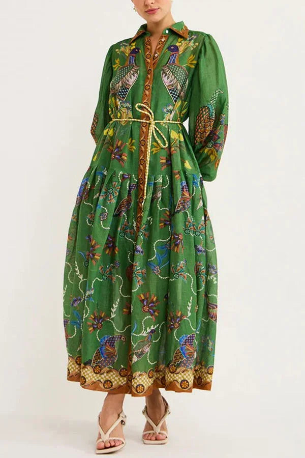 Robe Midi Verte Imprimé Oiseaux Manches Longues Col Chemise | ROBEMODE