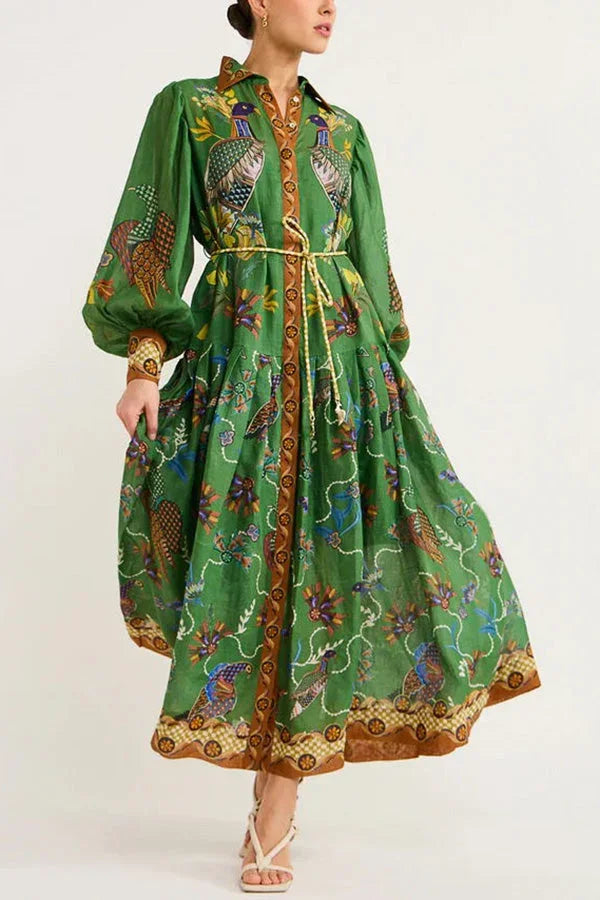 Robe midi femme verte imprimé oiseaux manches longues