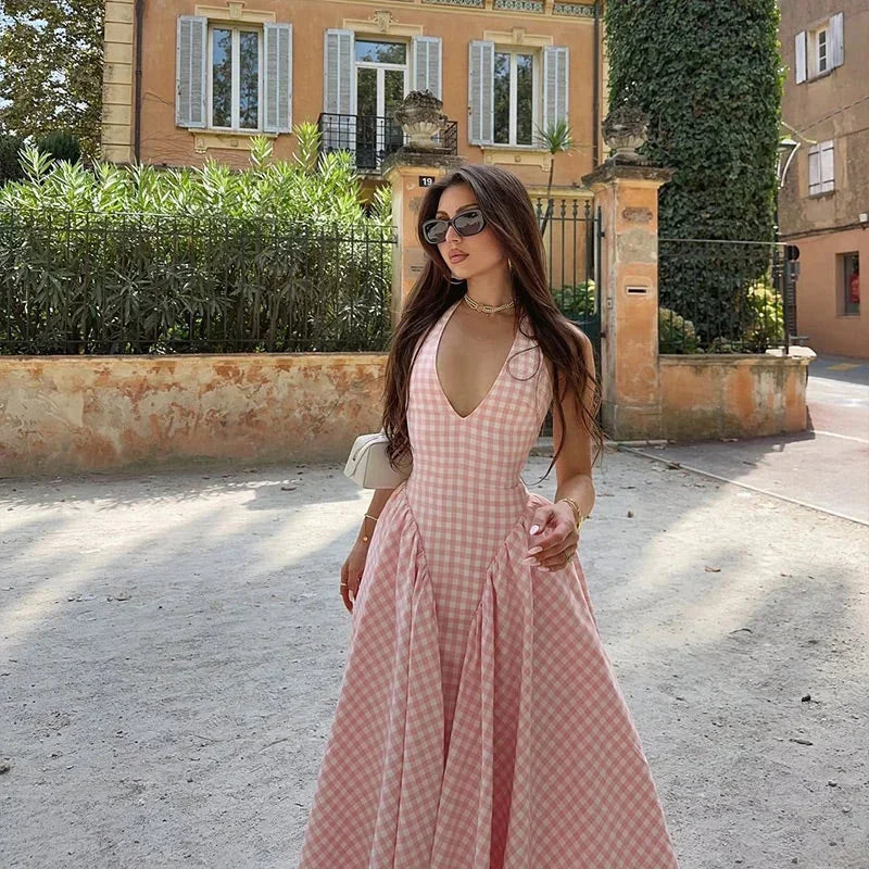 Robe midi femme vichy rose col V été | ROBEMODE