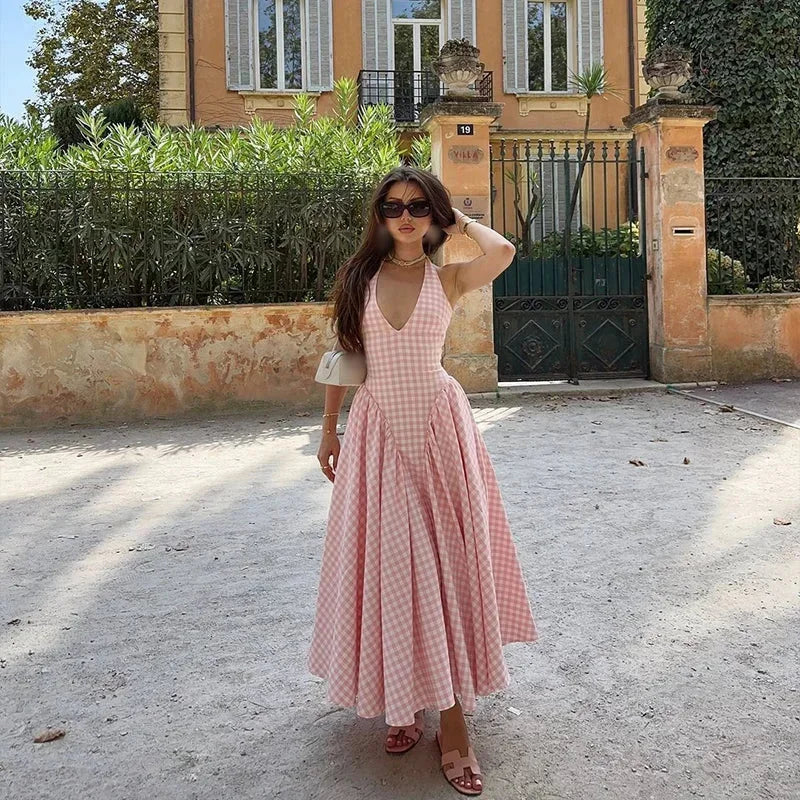 Robe midi femme vichy rose col V été | ROBEMODE
