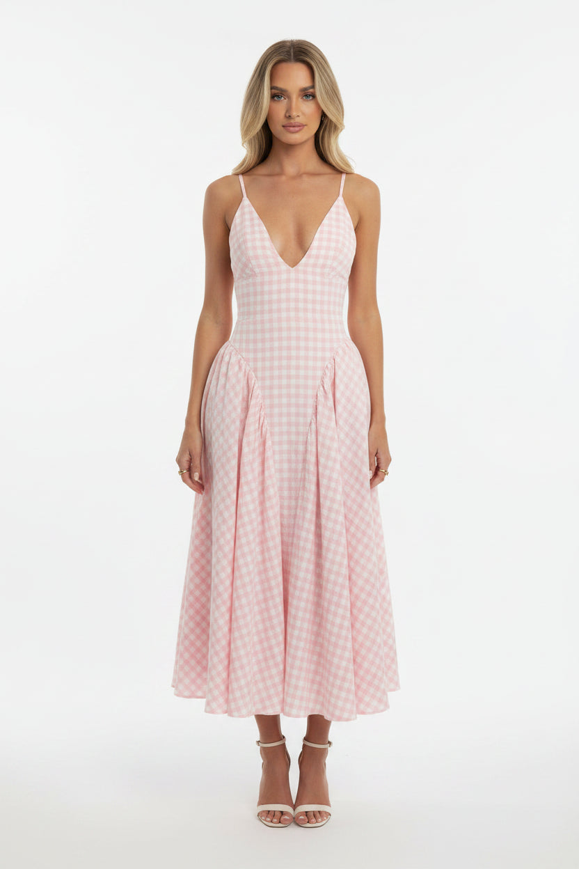 Robe midi femme vichy rose col V été | ROBEMODE