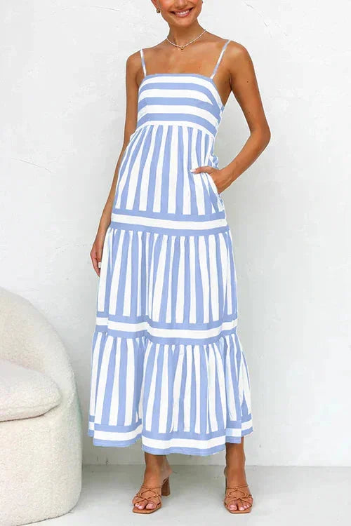 Robe midi femme à rayures volants bretelles été | Coupe féminine + Style élégant + Facile à accessoiriser – ROBEMODE
