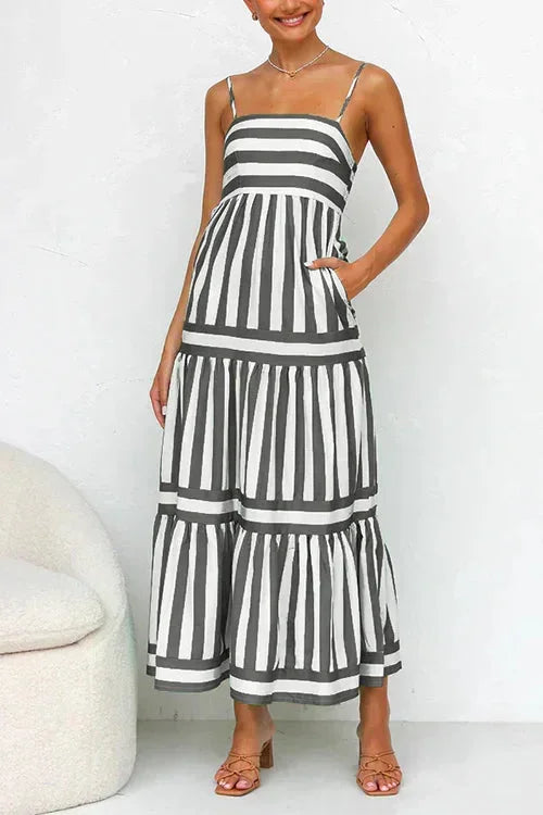 Robe midi femme à rayures volants bretelles été | Coupe féminine + Style élégant + Facile à accessoiriser – ROBEMODE