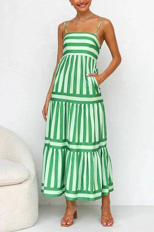 Robe midi femme à rayures volants bretelles été | Coupe féminine + Style élégant + Facile à accessoiriser – ROBEMODE