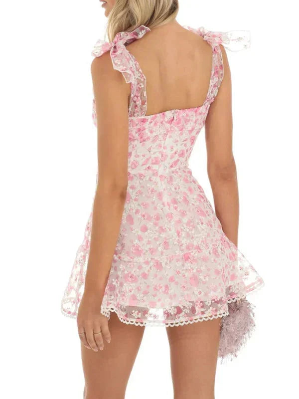 Robe courte femme A-ligne avec nœuds épaules et dentelle | ROBEMODE