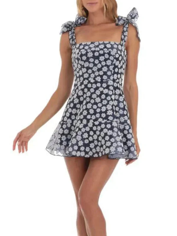 Robe courte femme A-ligne avec nœuds épaules et dentelle | ROBEMODE