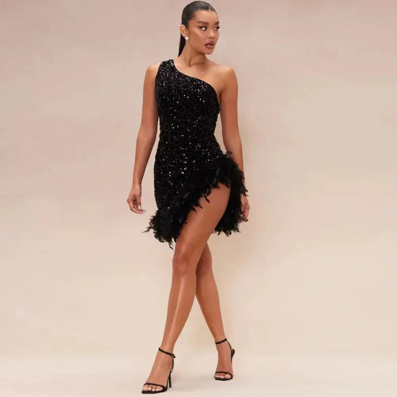Robe Courte Asymétrique Femme Sequins et Plumes Clubbing