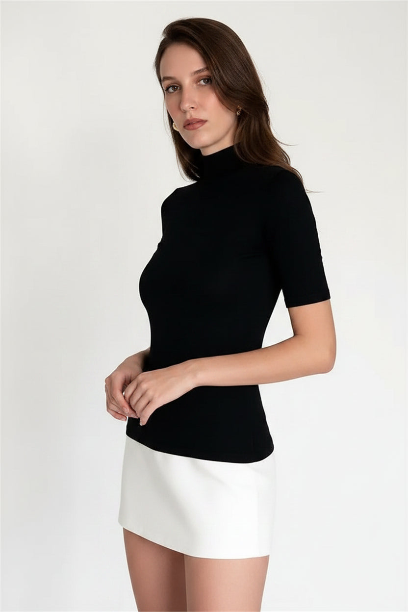 Robe Courte Bicolore Col Roulé Manches Courtes Femme | Moulante Chic Moderne | ROBEMODE