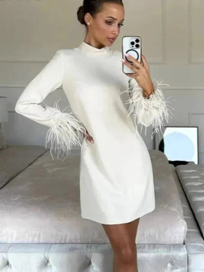 Robe Courte Blanche Plumes Manches Longues Soirée | ROBEMODE