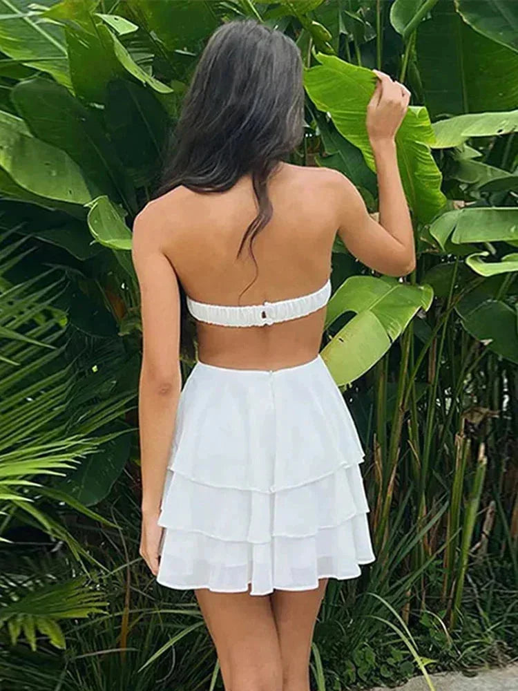 Robe courte blanche à étages bustier floral | ROBEMODE