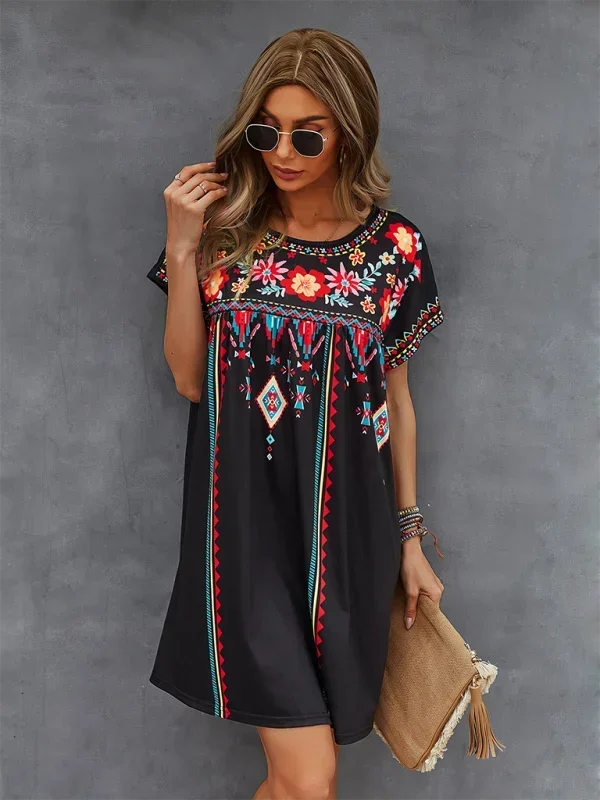 Robe courte bohème femme brodée manches courtes estivale | ROBEMODE