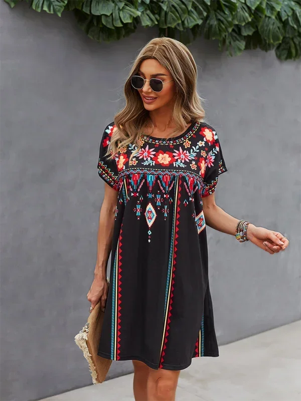 Robe courte bohème femme brodée manches courtes estivale | ROBEMODE