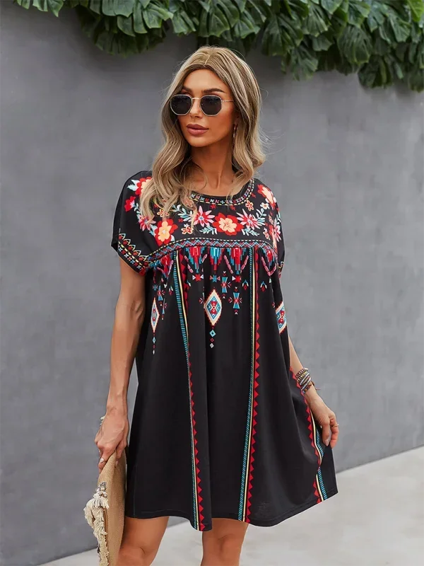 Robe courte bohème femme brodée manches courtes estivale | ROBEMODE