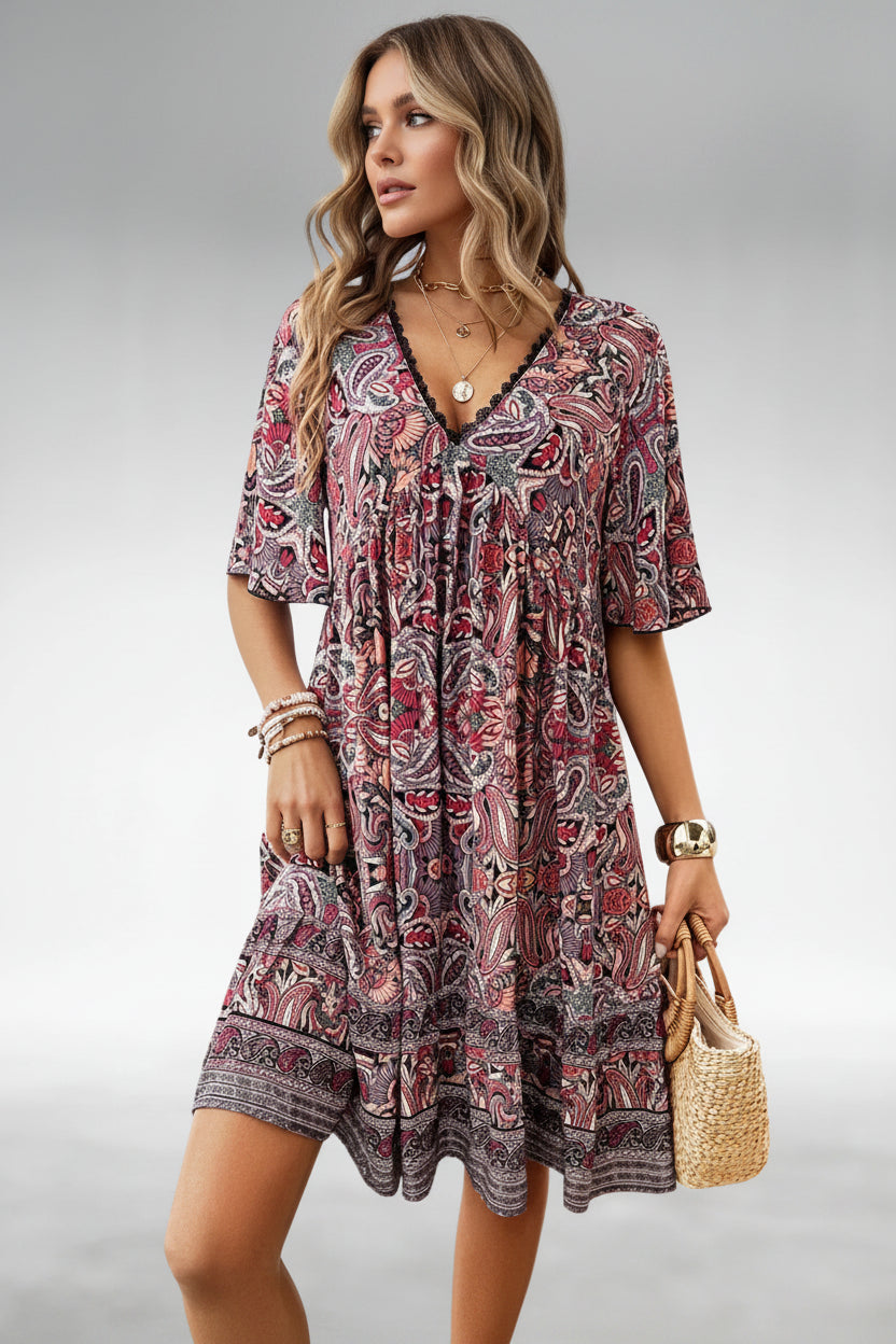 Robe Courte Bohème Imprimé Été Manches Courtes 4 Coloris | ROBEMODE