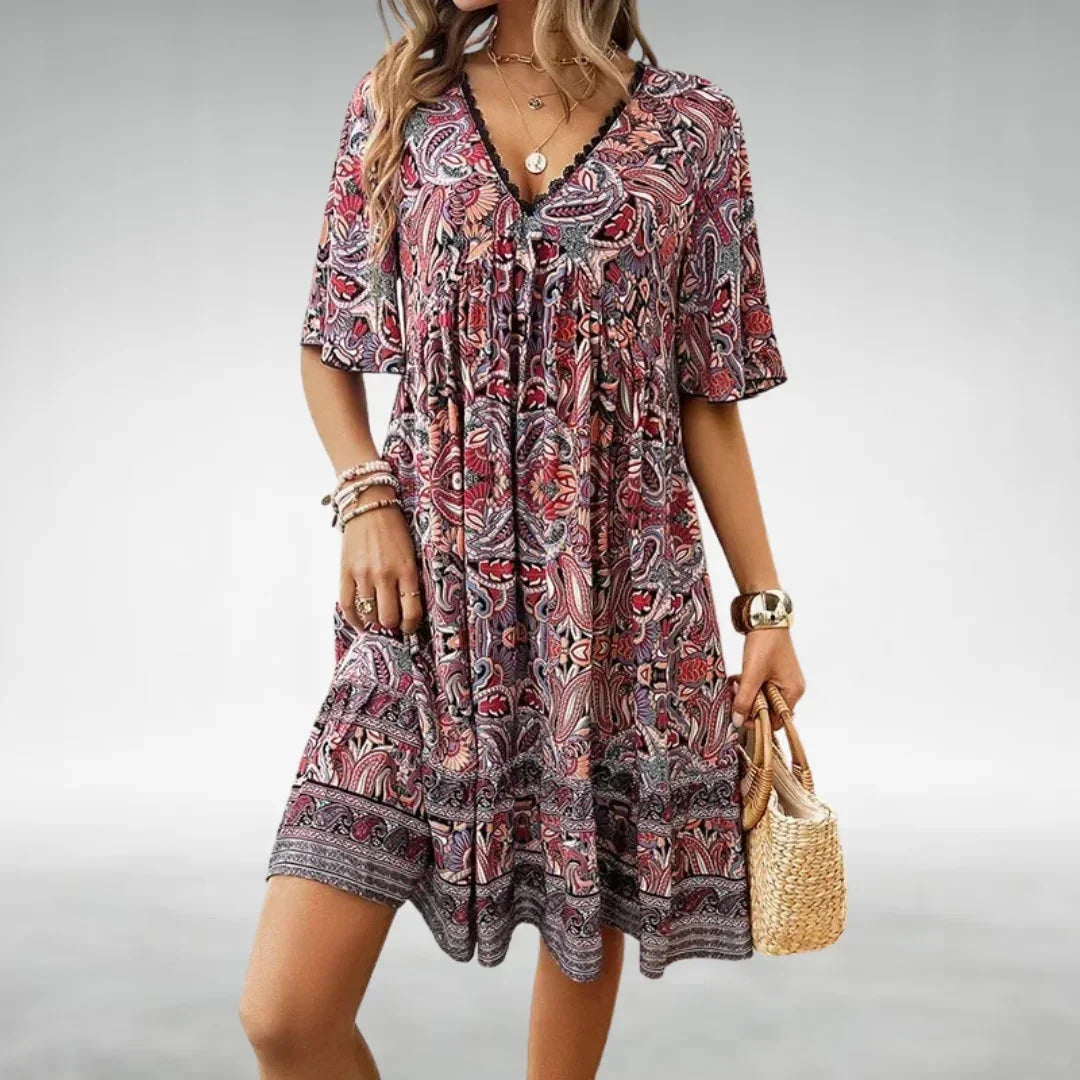 Robe courte bohème à imprimé floral avec col cordon