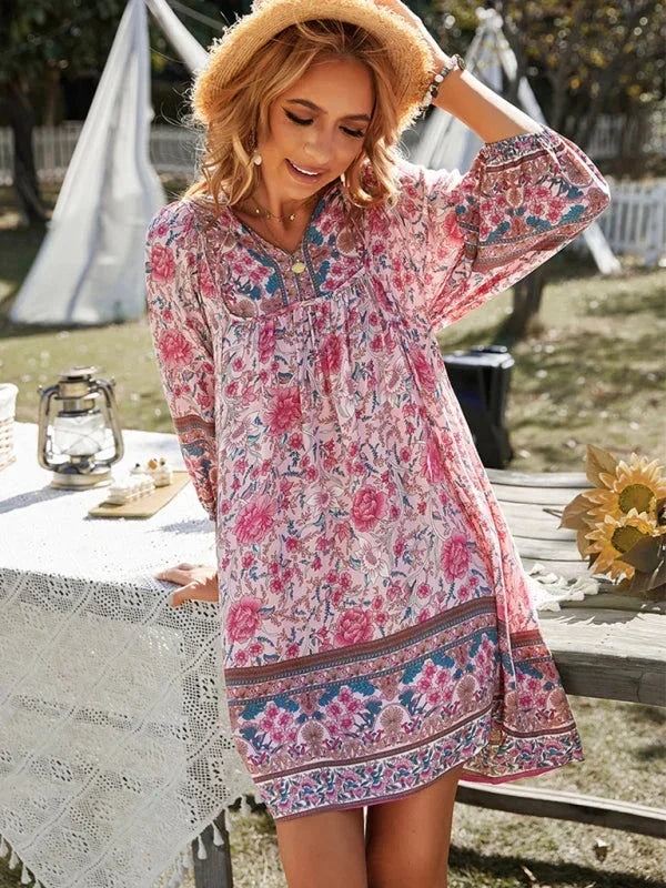 Robe courte bohème femme imprimé floral col V manches 3/4 | ROBEMODE