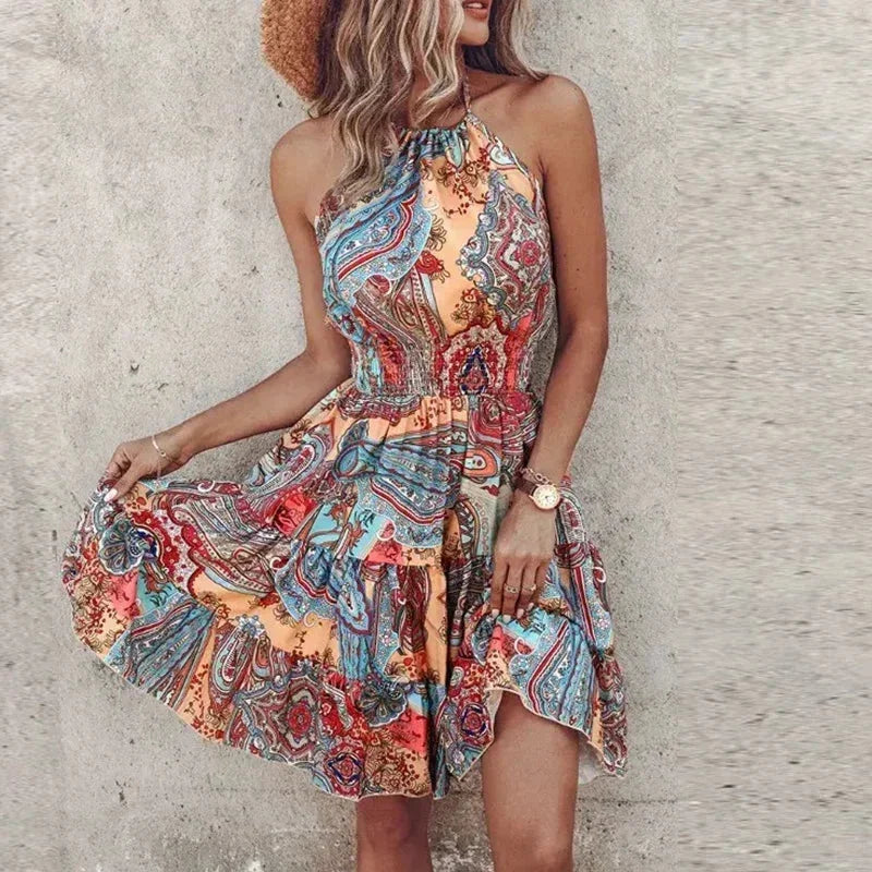 Robe courte femme bohème évasée à motifs dos nu | ROBEMODE