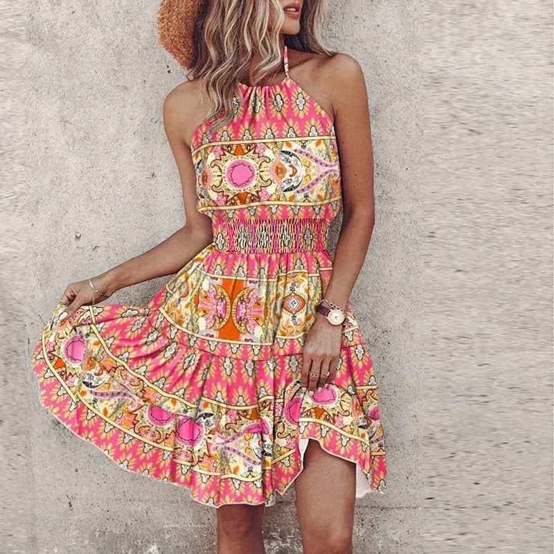 Robe courte femme bohème évasée à motifs dos nu | ROBEMODE
