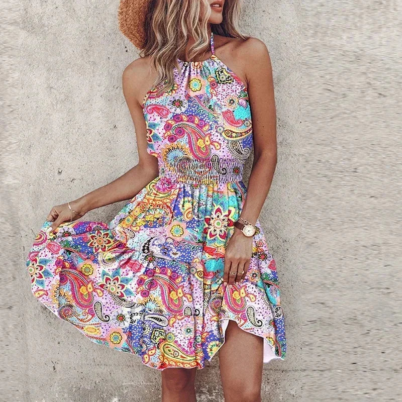 Robe courte femme bohème évasée à motifs dos nu | ROBEMODE