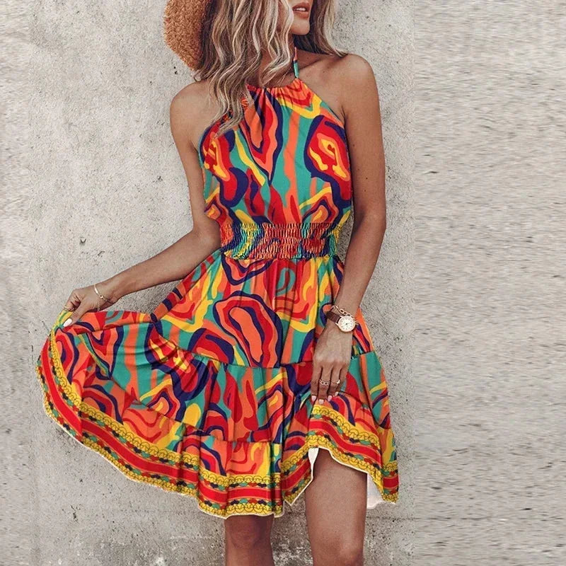 Robe courte femme bohème évasée à motifs dos nu | ROBEMODE