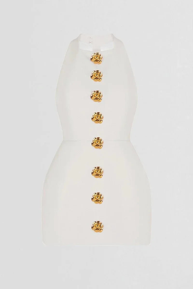 Robe Courte Soirée Col Halter Boutons Décoratifs 2 Coloris | ROBEMODE