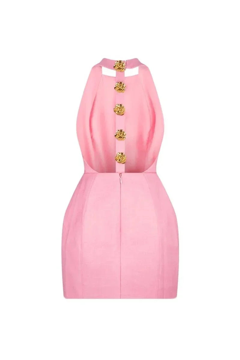Robe Courte Soirée Col Halter Boutons Décoratifs 2 Coloris | ROBEMODE
