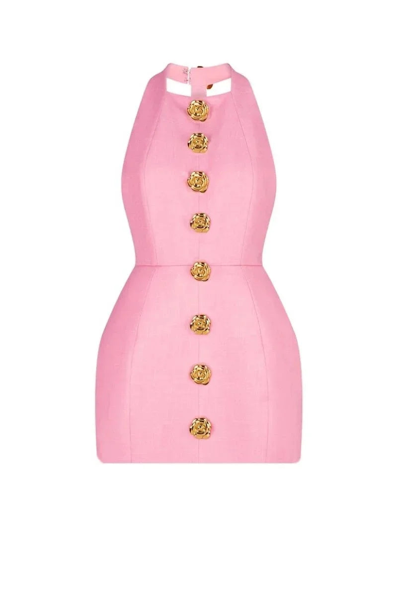 Robe Courte Soirée Col Halter Boutons Décoratifs 2 Coloris | ROBEMODE