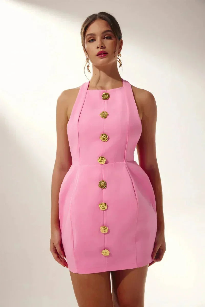Robe Courte Soirée Col Halter Boutons Décoratifs 2 Coloris | ROBEMODE