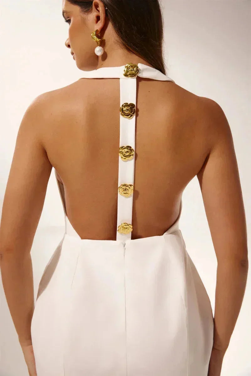 Robe Courte Soirée Col Halter Boutons Décoratifs 2 Coloris | ROBEMODE