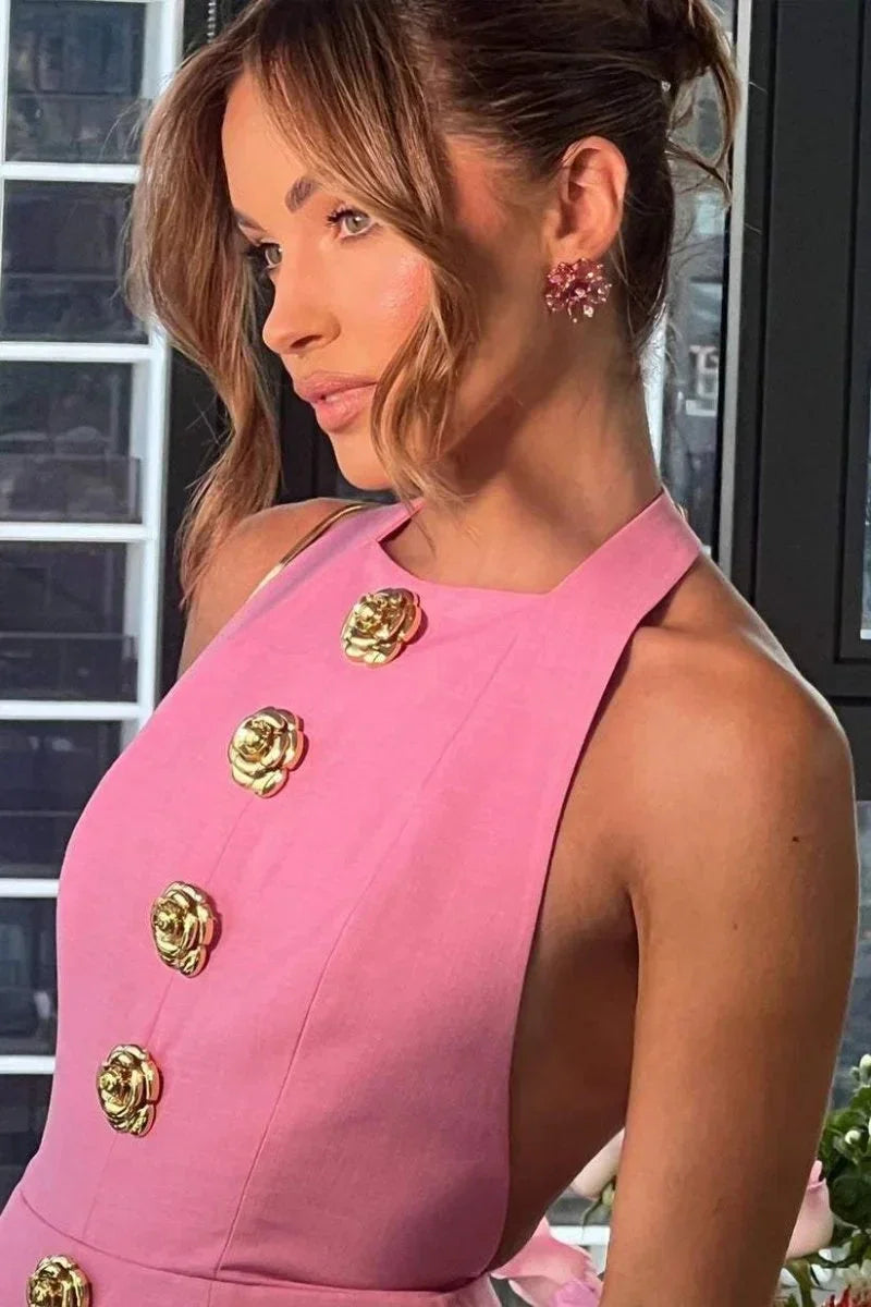 Robe Courte Soirée Col Halter Boutons Décoratifs 2 Coloris | ROBEMODE