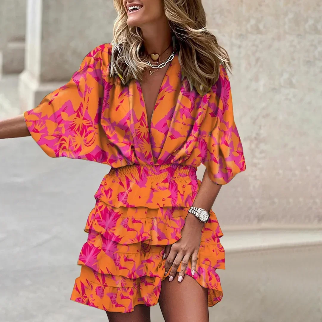 Robe Courte Manches Évasées Motifs Estivaux 5 Coloris | ROBEMODE